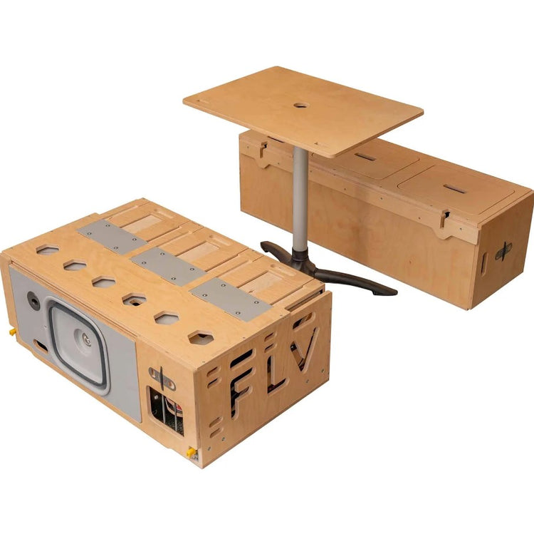 Caja de distribución FLV con mesa y pedestal de madera