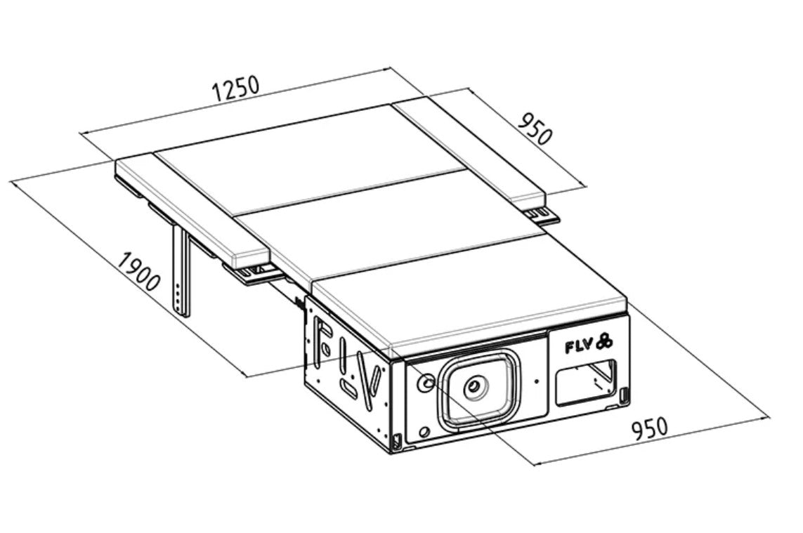 esquema de una caja de equipamiento interior FLV con colchón y dimensiones