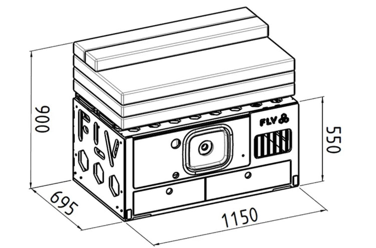 caja acondicionada para VAN en diagrama con sus dimensiones cerradas