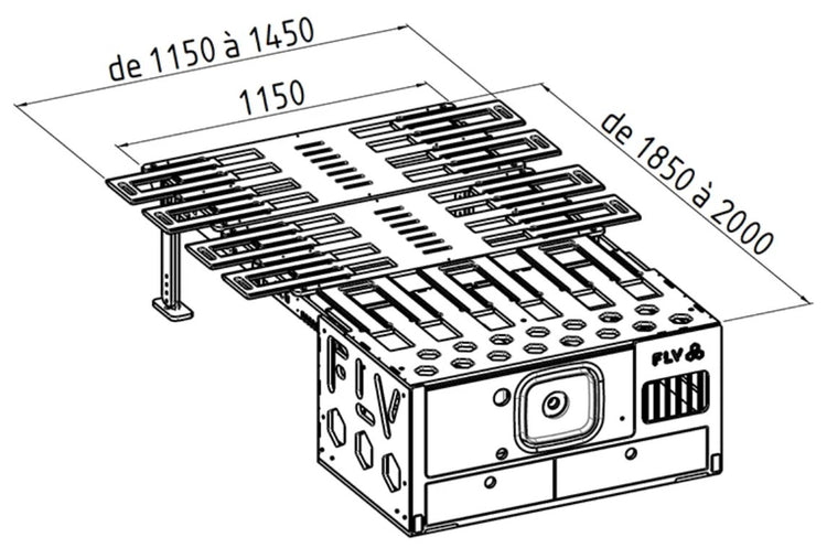Caja de madera con base de listones FLV desplegada en la parte superior en diagrama