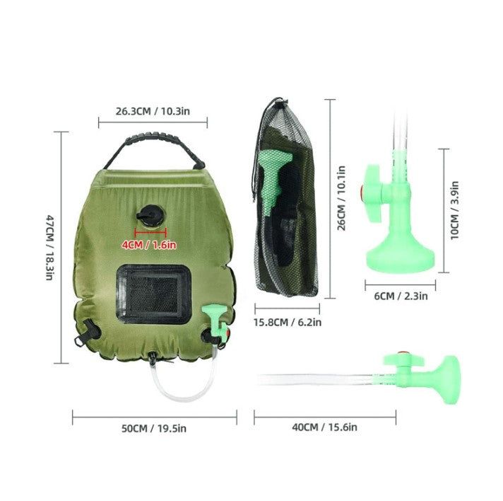 Dimensiones de los distintos componentes de una bolsa de ducha ecológica