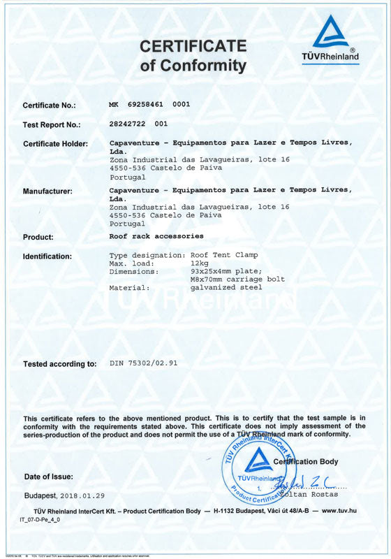Certificado de conformidad del producto de techo James Baroud Grand Raid EVO