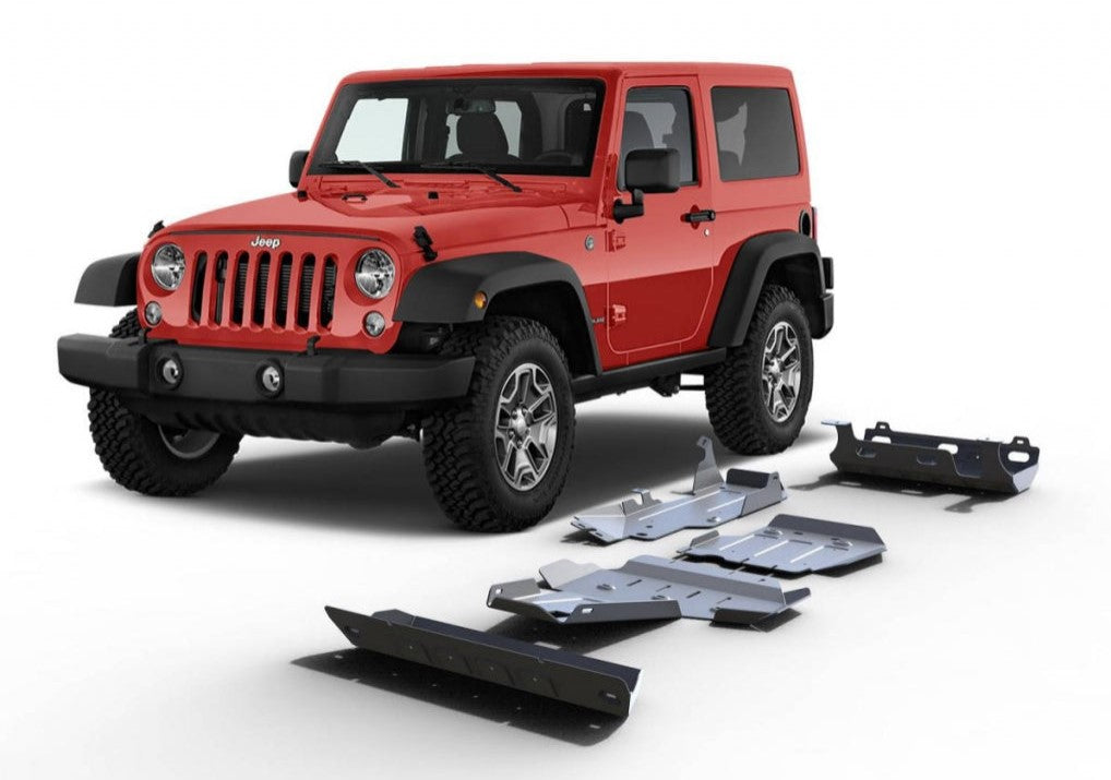 Jeep Wrangler rojo con blindaje delantero