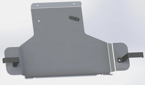 Protección caja de transferencia de aluminio en forma de Y sobre fondo gris