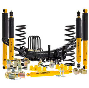 kit completo de suspensión negro y amarillo para camionetas con todos los componentes