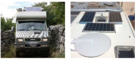 Vista frontal y superior de una caravana con paneles solares