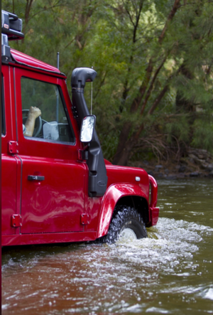 Defender 90 rojo en el agua con esnórquel