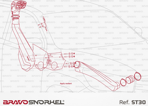 plano de corte de un snorkel rojo sobre un plano de un vehículo