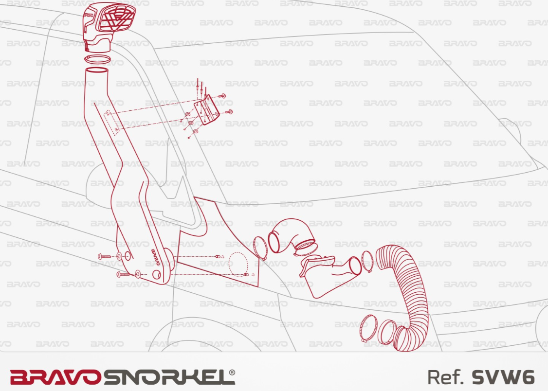 dibujo de montaje en rojo de un snorkel bravo