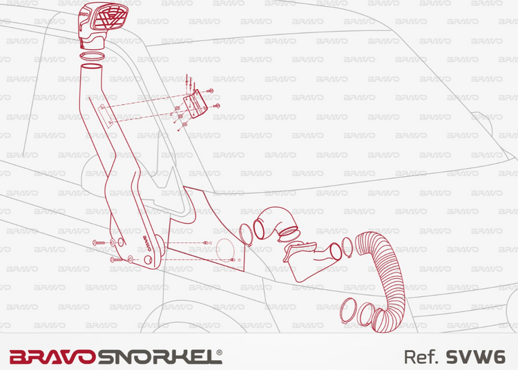 dibujo de montaje en rojo de un snorkel bravo