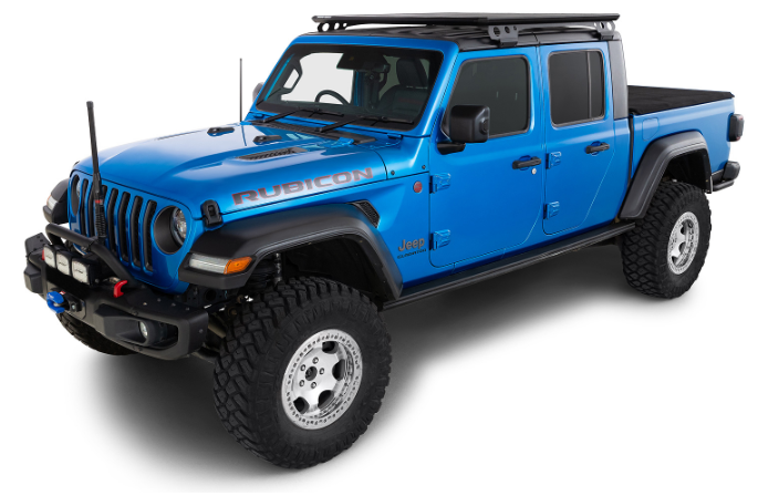 jeep wrangler en Bed Truck azul con baca